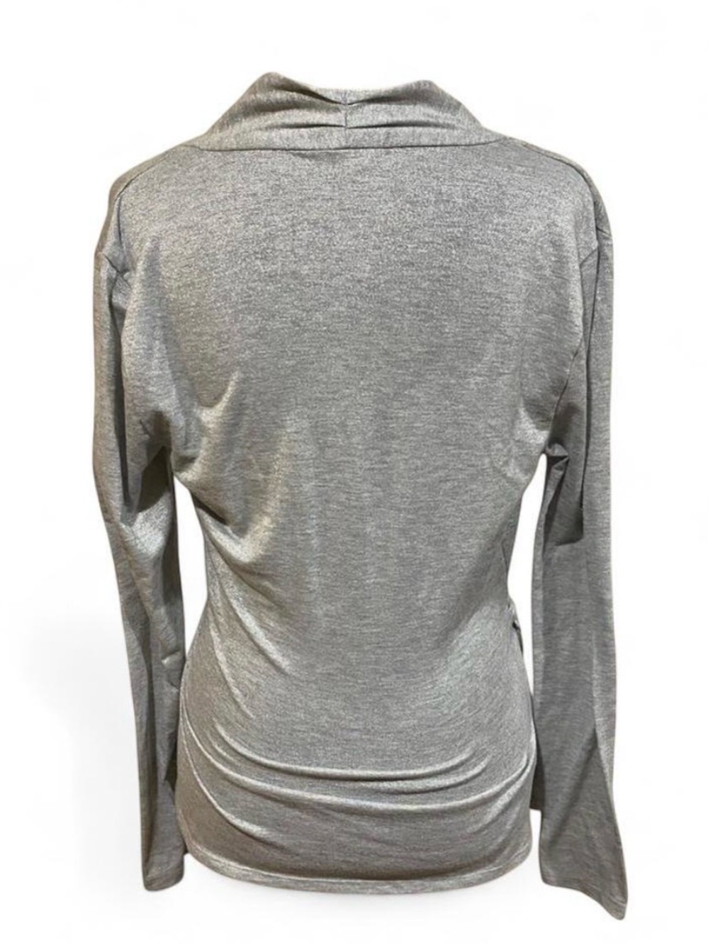 Ann Taylor Shimmery Silver Long-Sleeve Faux-Wrap Blouse - Picture 3 of 6
